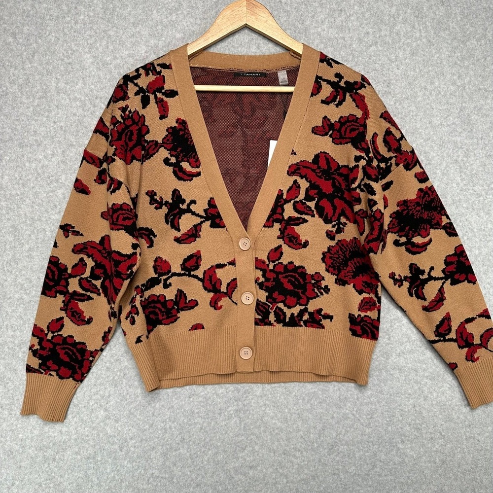 Tahari Womens Cardigan Sweater L Floral Print Red Black Beige Button Front NEW